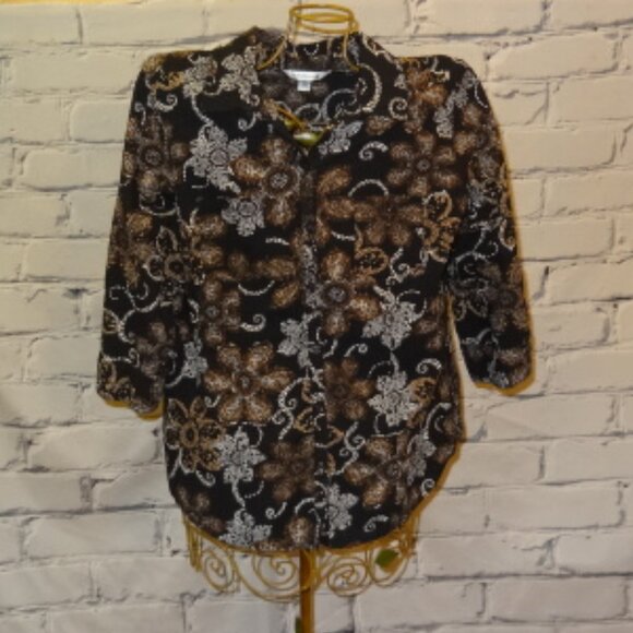 croft & barrow Tops - Croft & Barrow Black, White, Gold & Brown Print Sleeve Button Down Blouse